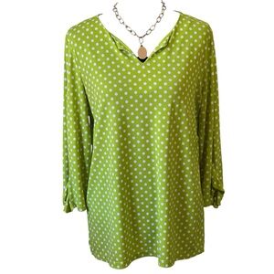 SUSAN GRAVER LIME GREEN  POLKA DOT V  NECK BLOUSE SZ MED EUC